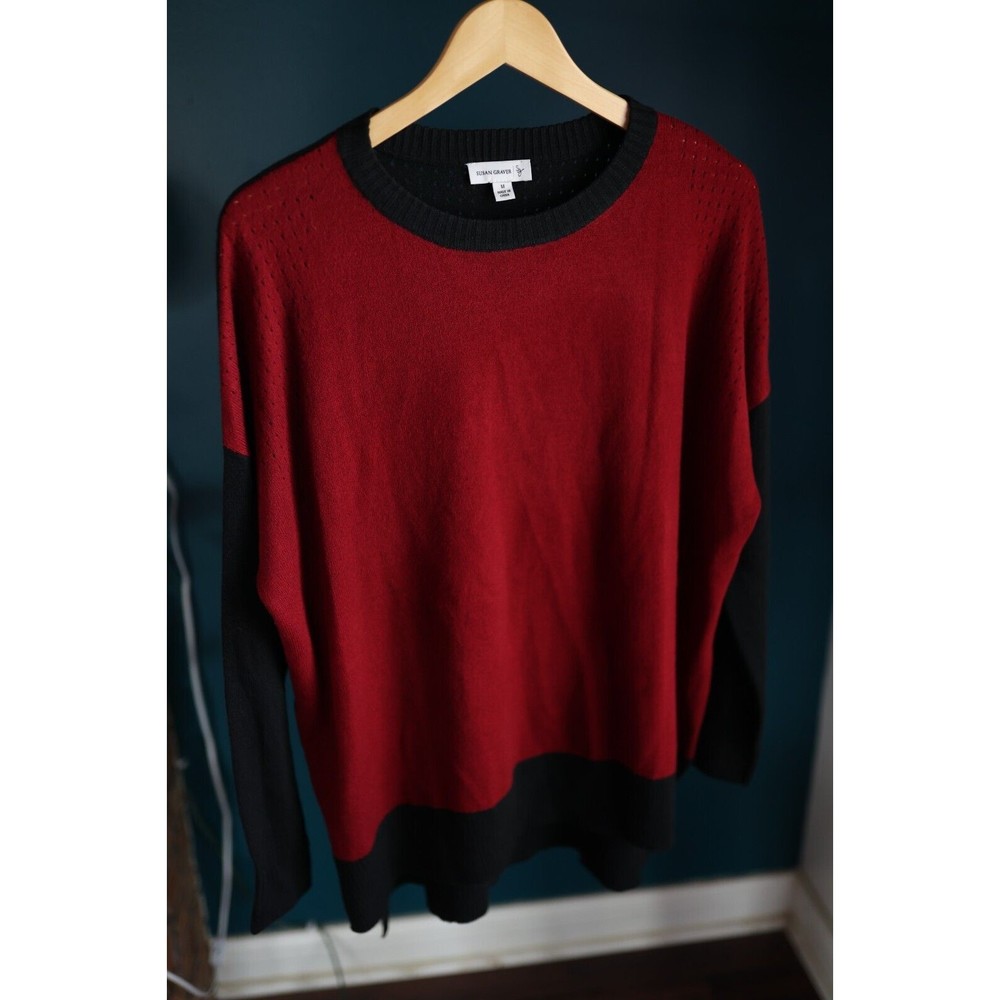 Susan Graver Sweater M Women's Red Black Long Sleeve Tunic Hi Lo